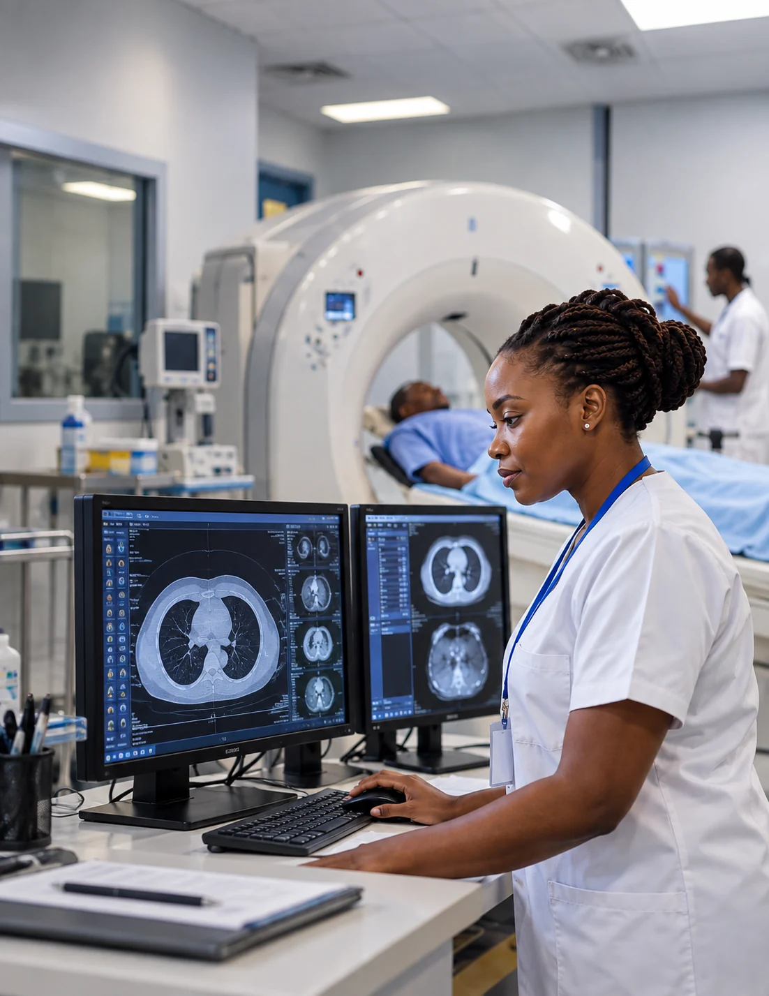Technicienne contrôlant des images médicales lors de l’acquisition d’un examen